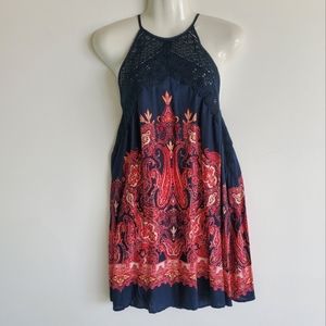 Free People Boho Paisley Ditsy Floral Embroidered Navy Blue Mini Dress